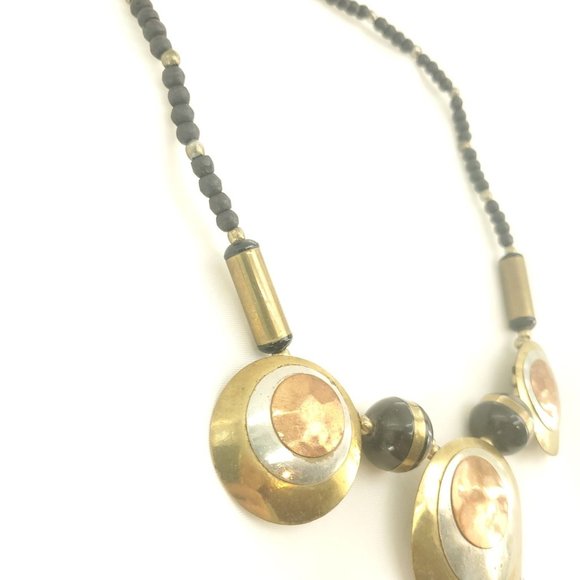 Womens Black Beads Hammered Circular Discs Bronze Metal Statement Necklace - Picture 2 of 14